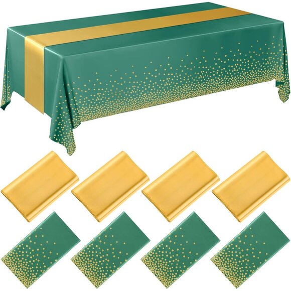 8 Pack Green & Gold Disposable Tablecloths & Satin Runners 54x108 & 12x108 Inch